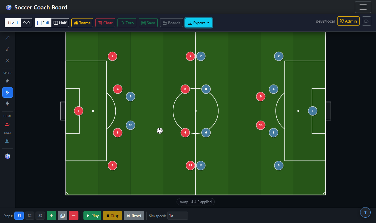 Soccer Coach Board — full field view with formations and arrows